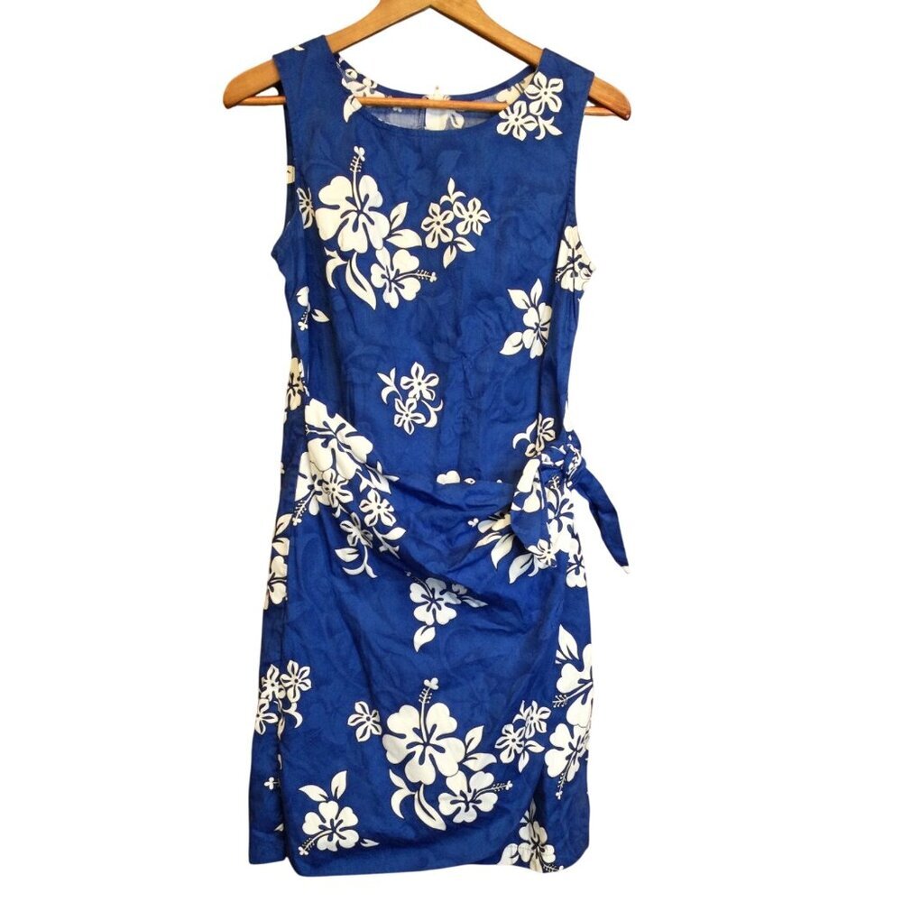 Pacific Legend Womens Blue Hawaiian Floral Sleeveless Dress Size L Wrap Front